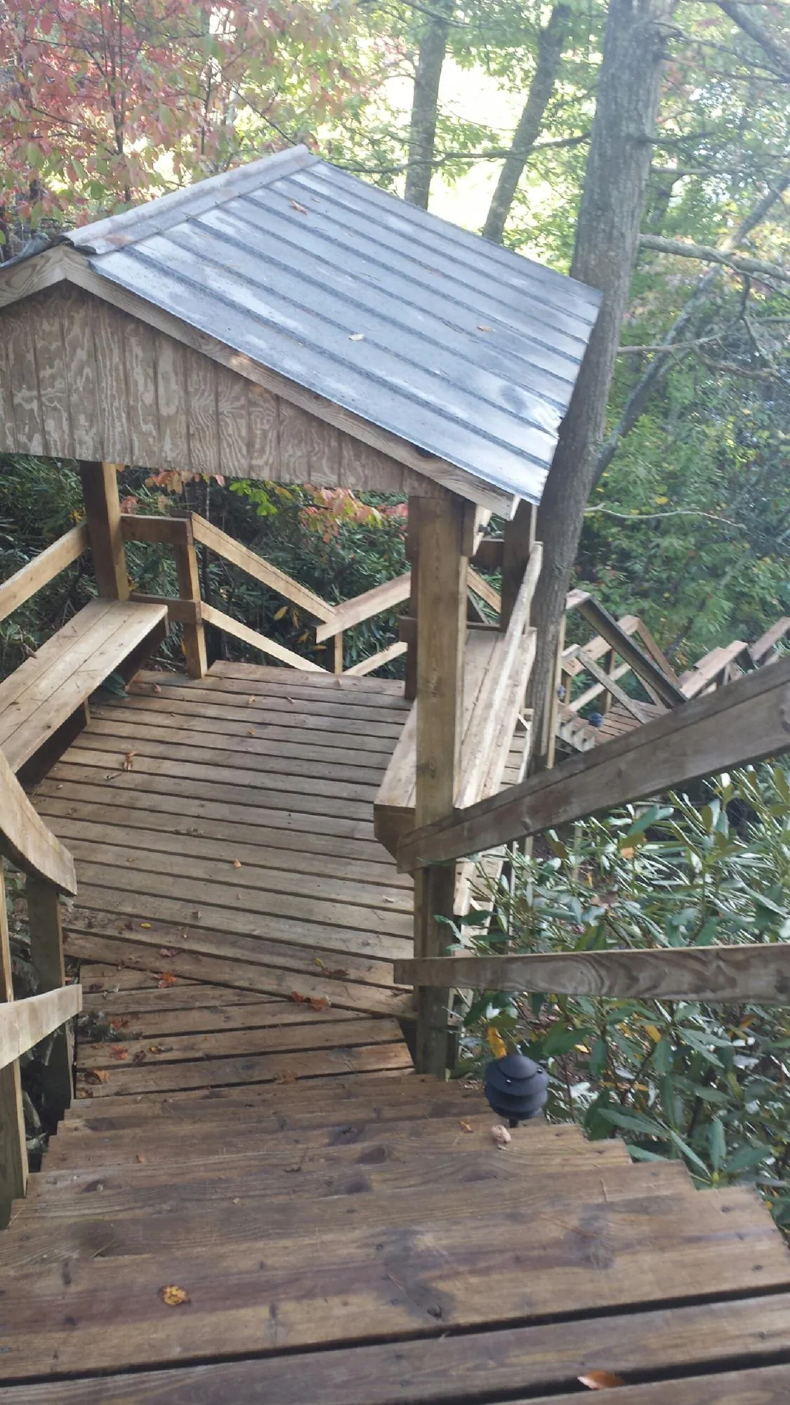 Metal roofed shelter over wooden steps on a wooded walkway — Skylight Repair & Installation work by our crew in Marina